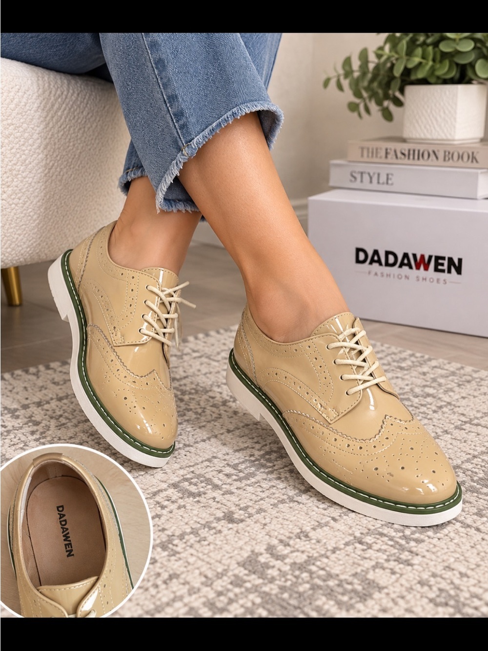 Fashion Beige Patent Leather Wingtip Derby with Green-Trim Sole
